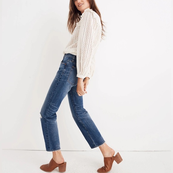 Madewell Petite Classic Straight Leg Jeans Jade Wash Knee-Rip Edition size 26 - Picture 3 of 16